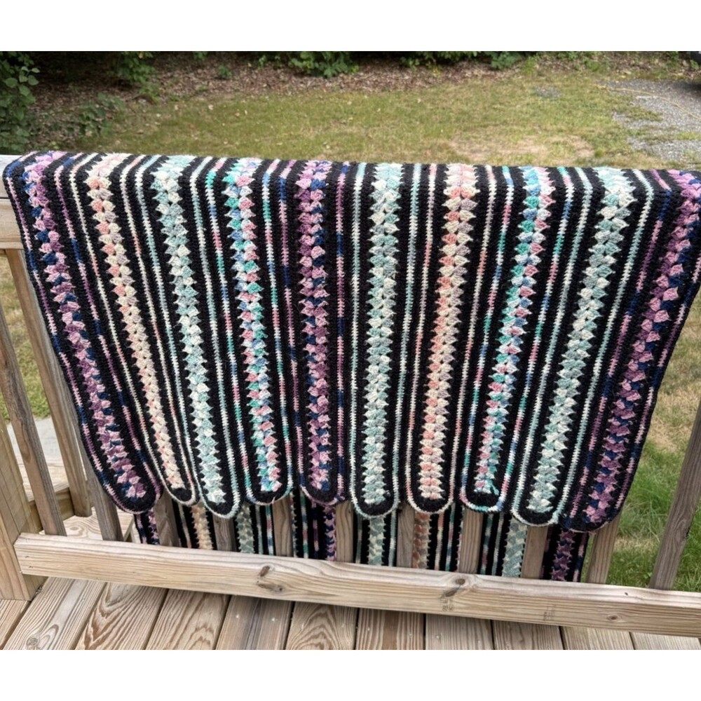 Crochet Throw Blanket Afghan Handmade Scalloped edge 41x72 Striped Pastels VTG